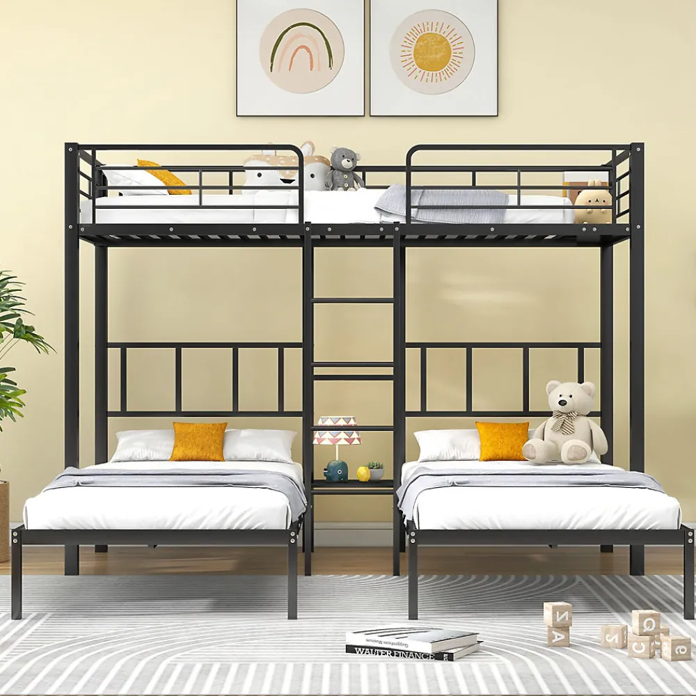 Lit superposé triple 90x200 cm en métal avec échelle intégrée et tablette tête de lit, chambre enfant>Redom Sale