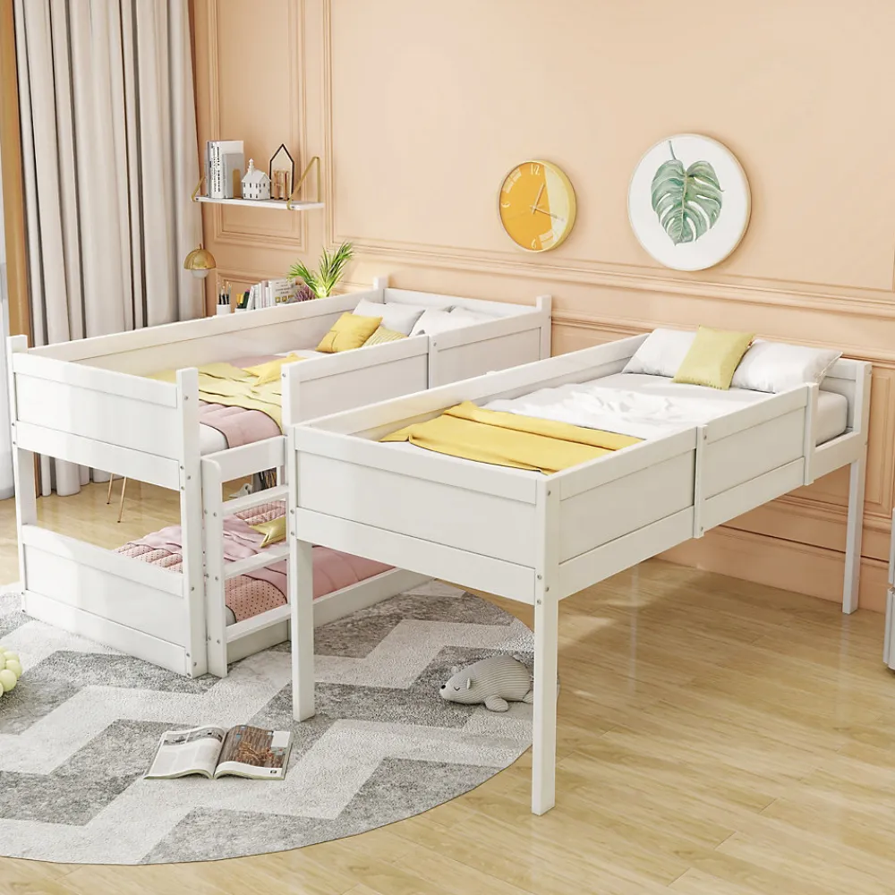 Lit superposé triple 90x200 cm avec rail haut - Transformable en 3 lits simples - Bois - Sans matelas - Blanc>Okwish Outlet