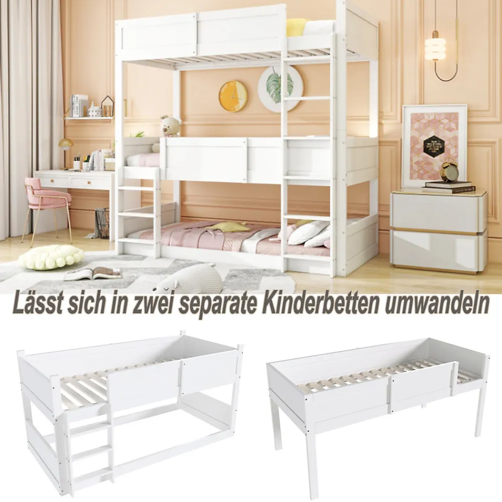 Lit superposé triple 90x200 cm avec rail haut - Transformable en 3 lits simples - Bois - Sans matelas - Blanc>Okwish Outlet