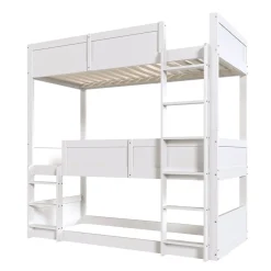 Lit superposé triple 90x200 cm avec rail haut - Transformable en 3 lits simples - Bois - Sans matelas - Blanc><noscript><img width=