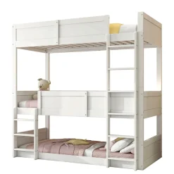 Lit superposé triple 90x200 cm avec rail haut - Transformable en 3 lits simples - Bois - Sans matelas - Blanc><noscript><img width=