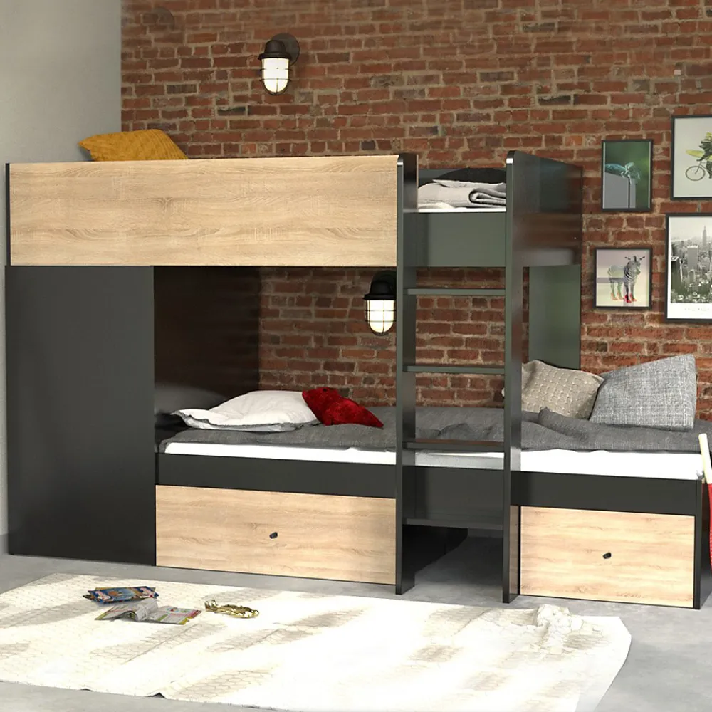 Weber Industries Lit superposé TWIN 90x190 avec armoire et tiroirs + 2 sommiers / Décor Chêne Blanchi et Noir*Enfant Lit Enfant