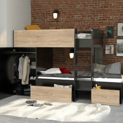 Weber Industries Lit superposé TWIN 90x190 avec armoire et tiroirs + 2 sommiers / Décor Chêne Blanchi et Noir*Enfant Lit Enfant