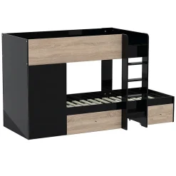 Weber Industries Lit superposé TWIN 90x190 avec armoire et tiroirs + 2 sommiers / Décor Chêne Blanchi et Noir*Enfant Lit Enfant