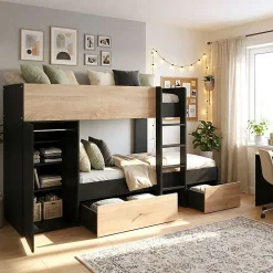 Weber Industries Lit superposé TWIN 90x190 avec armoire et tiroirs + 2 sommiers / Décor Chêne Blanchi et Noir*Enfant Lit Enfant