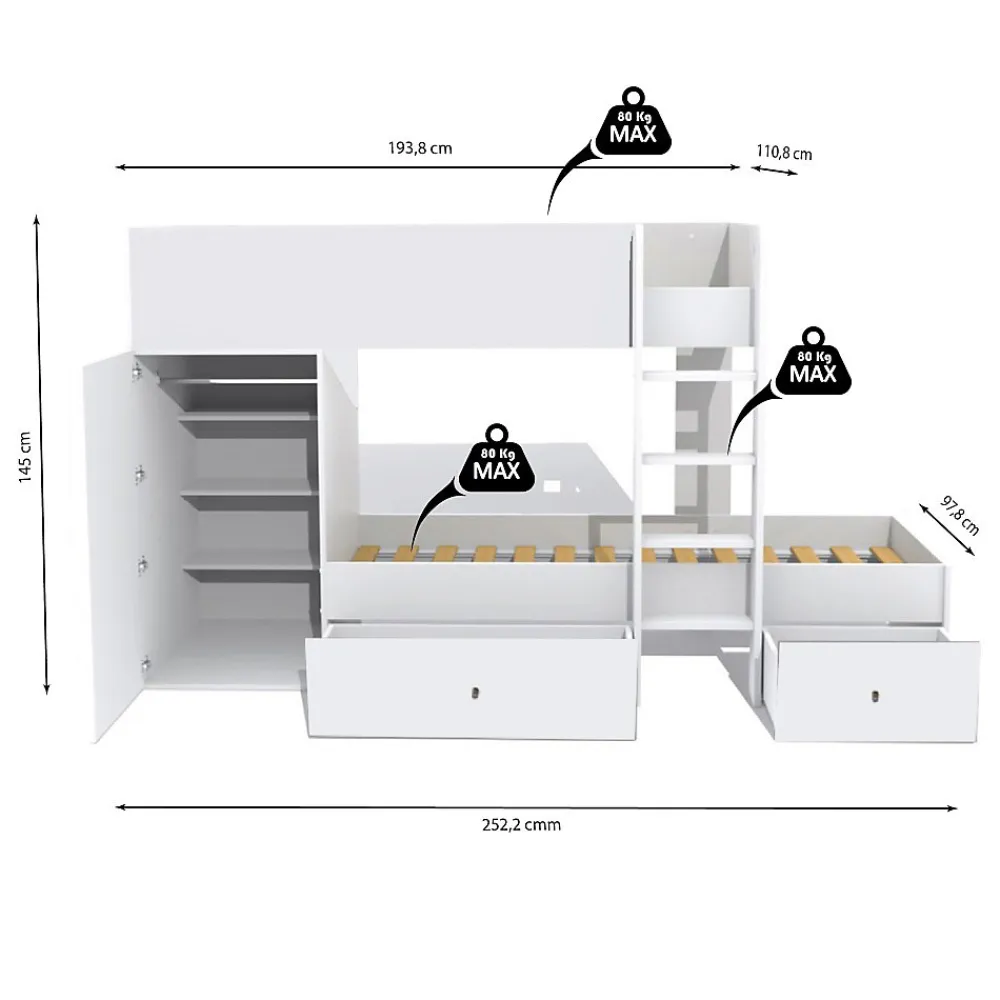 Weber Industries Lit superposé TWIN 90x190 avec armoire et tiroirs + 2 sommiers / Blanc*Enfant Lit Enfant