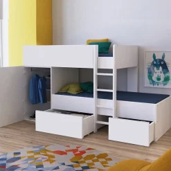 Weber Industries Lit superposé TWIN 90x190 avec armoire et tiroirs + 2 sommiers / Blanc*Enfant Lit Enfant