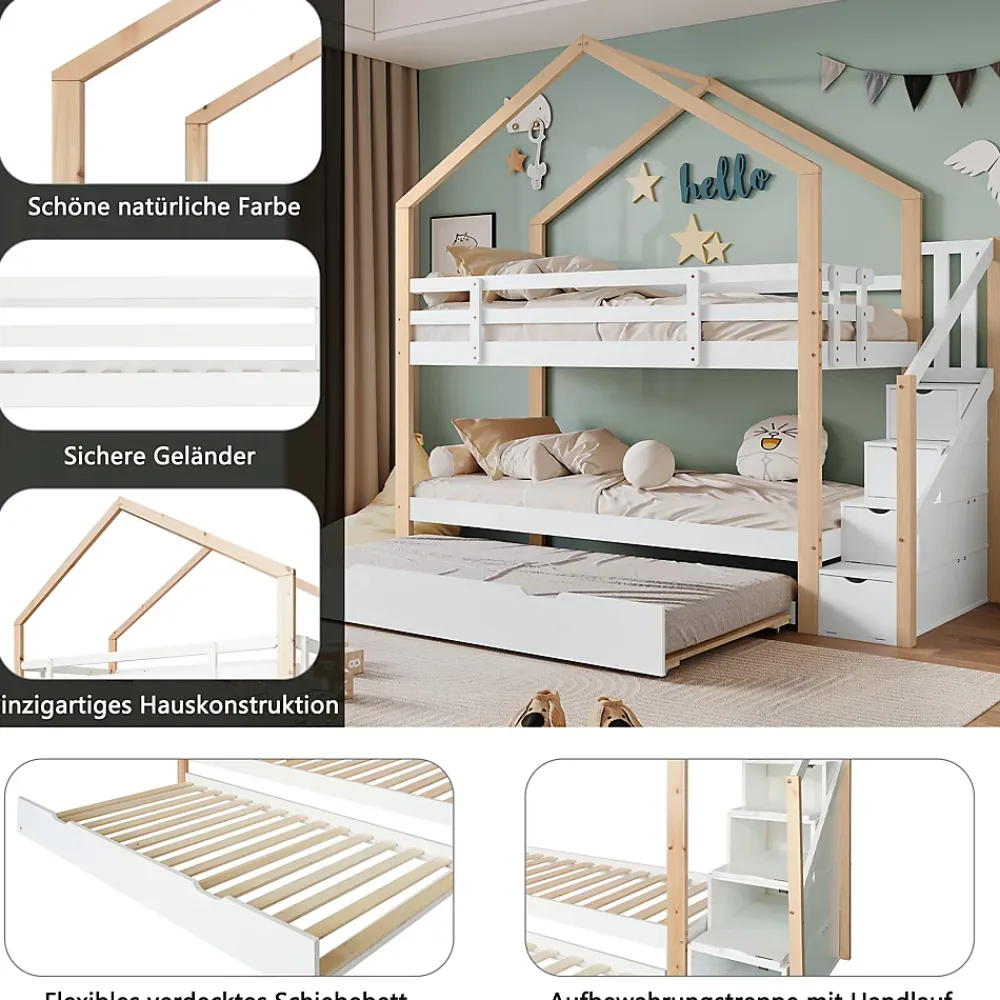 Okwish Lit Superposé 90x200 & 90x190 cm - Lit enfant avec Protection, Lit Cabane avec Échelle, Lit en Bois Naturel et Blanc, Sans Matelas*Enfant Lit Enfant