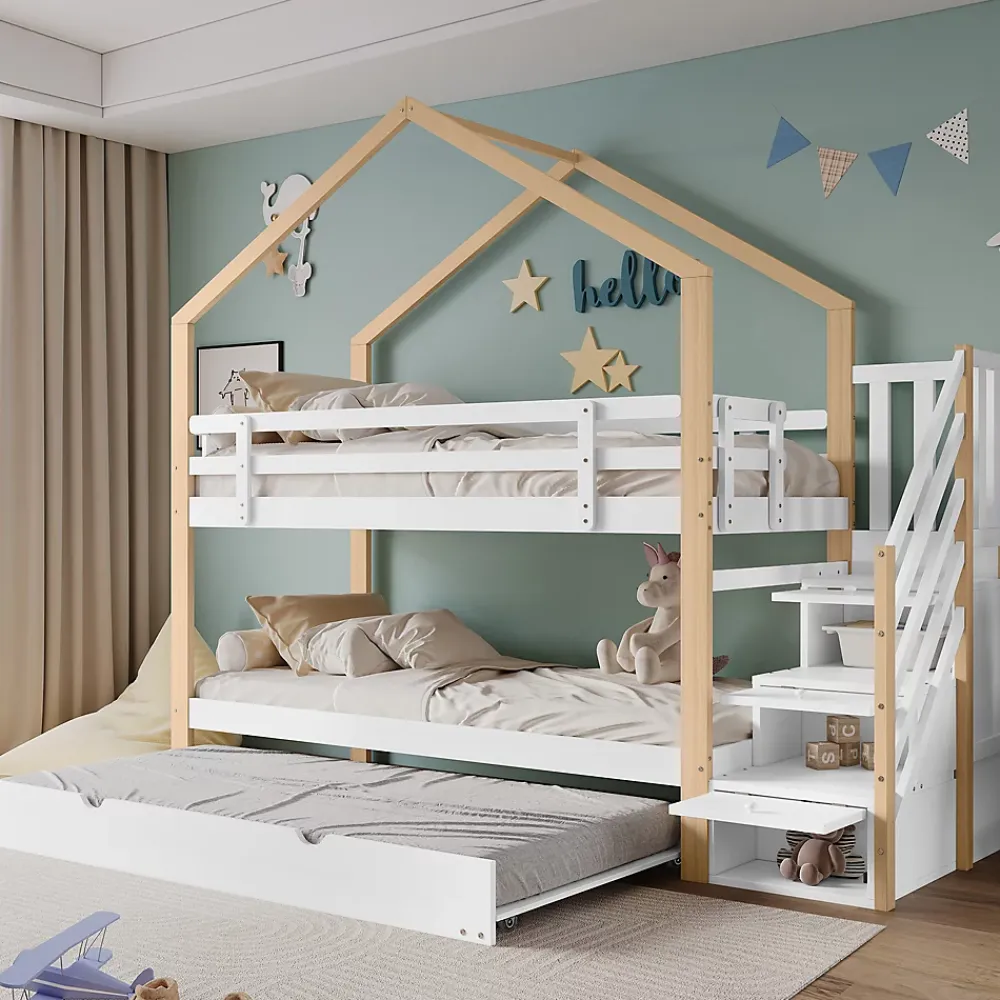 Okwish Lit Superposé 90x200 & 90x190 cm - Lit enfant avec Protection, Lit Cabane avec Échelle, Lit en Bois Naturel et Blanc, Sans Matelas*Enfant Lit Enfant