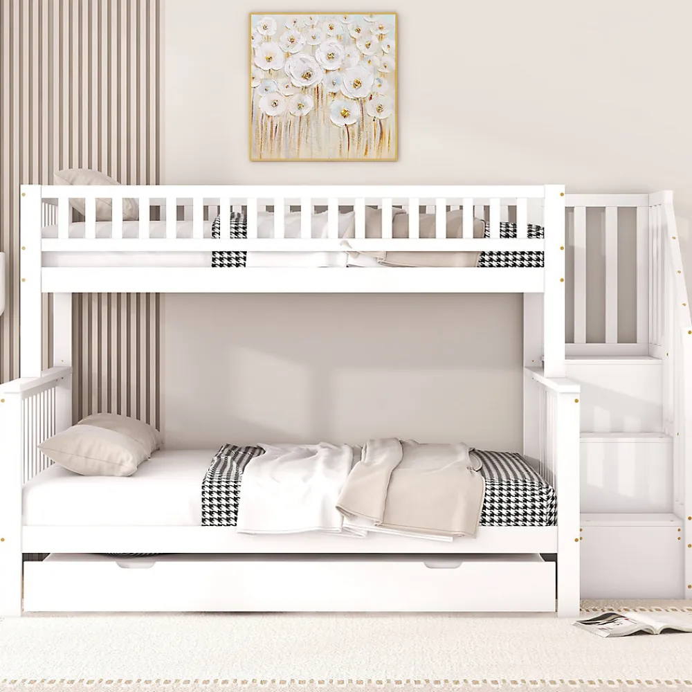 Lit superposé 90x200 / 140x200 cm avec lit gigogne et sommier à lattes inclus en pin blanc>Redom Outlet