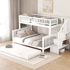 Lit superposé 90x200 / 140x200 cm avec lit gigogne et sommier à lattes inclus en pin blanc>Redom Outlet