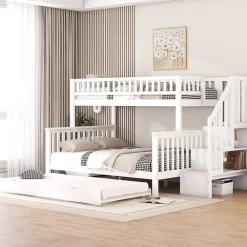 Lit superposé 90x200 / 140x200 cm avec lit gigogne et sommier à lattes inclus en pin blanc><noscript><img width=