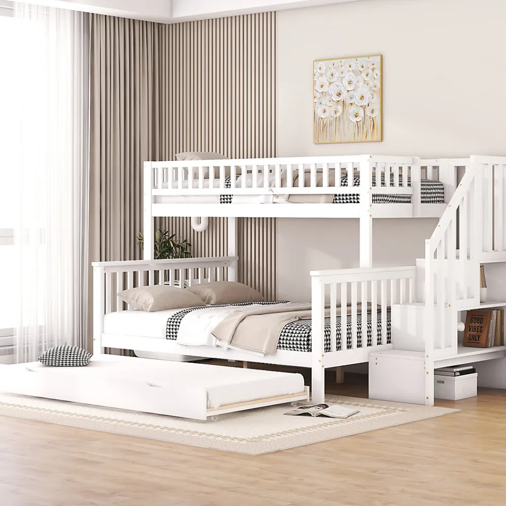 Lit superposé 90x200 / 140x200 cm avec lit gigogne et sommier à lattes inclus en pin blanc>Redom Outlet