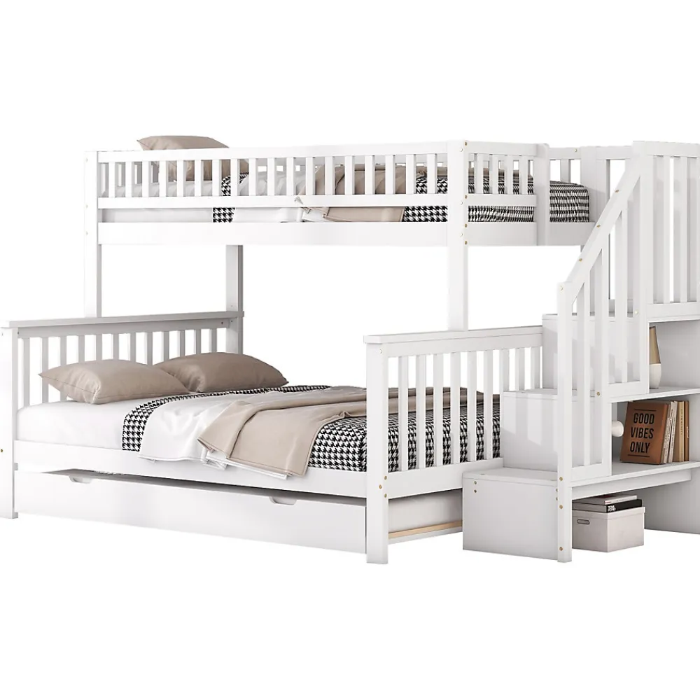 Lit superposé 90x200 / 140x200 cm avec lit gigogne et sommier à lattes inclus en pin blanc>Redom Outlet
