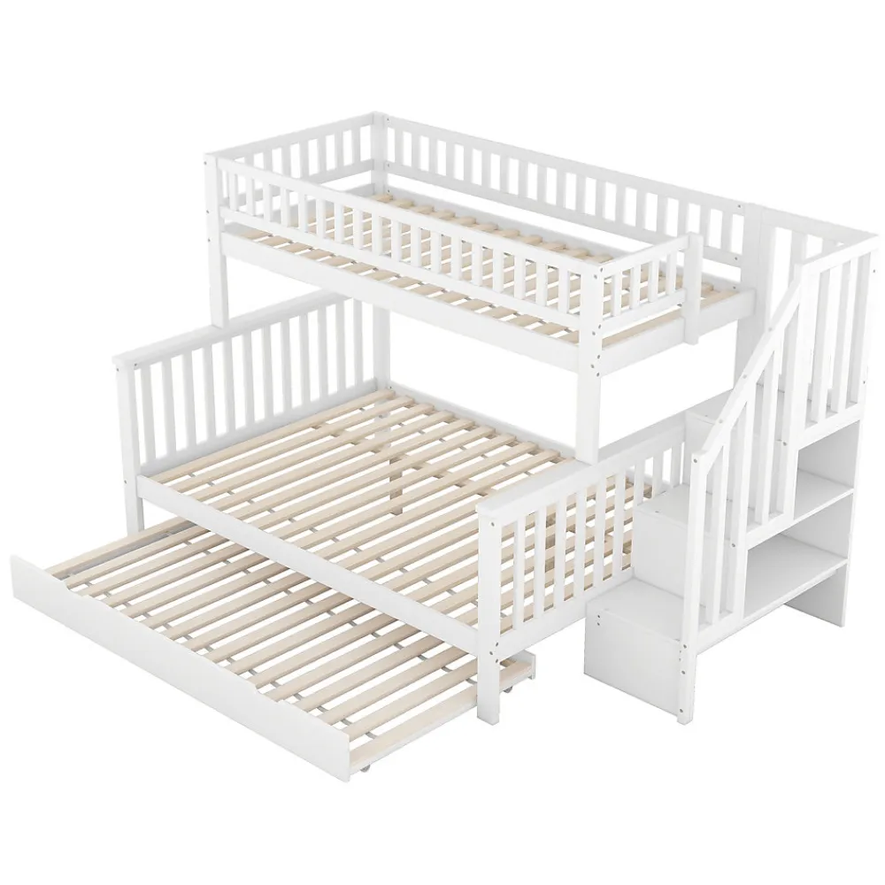 Lit superposé 90x200 / 140x200 cm avec lit gigogne et sommier à lattes inclus en pin blanc>Redom Outlet