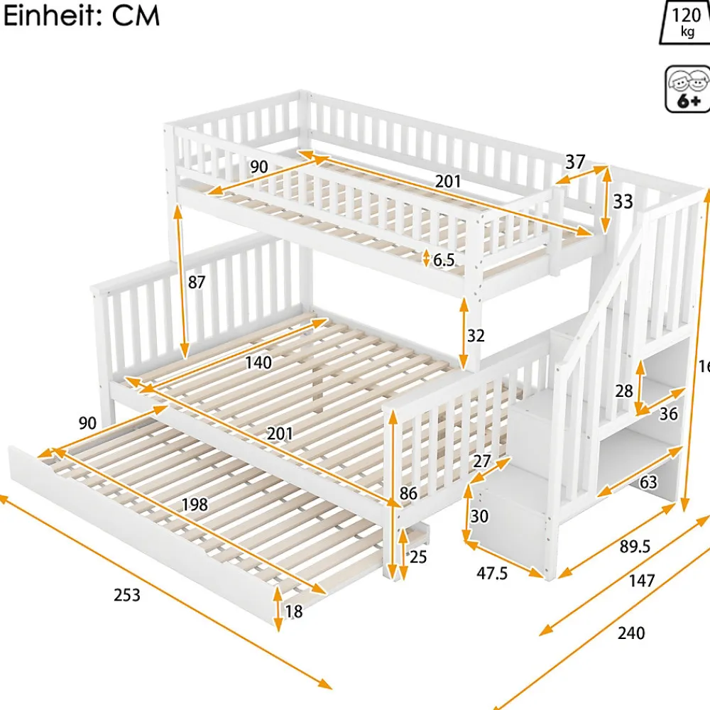 Lit superposé 90x200 / 140x200 cm avec lit gigogne et sommier à lattes inclus en pin blanc>Redom Outlet