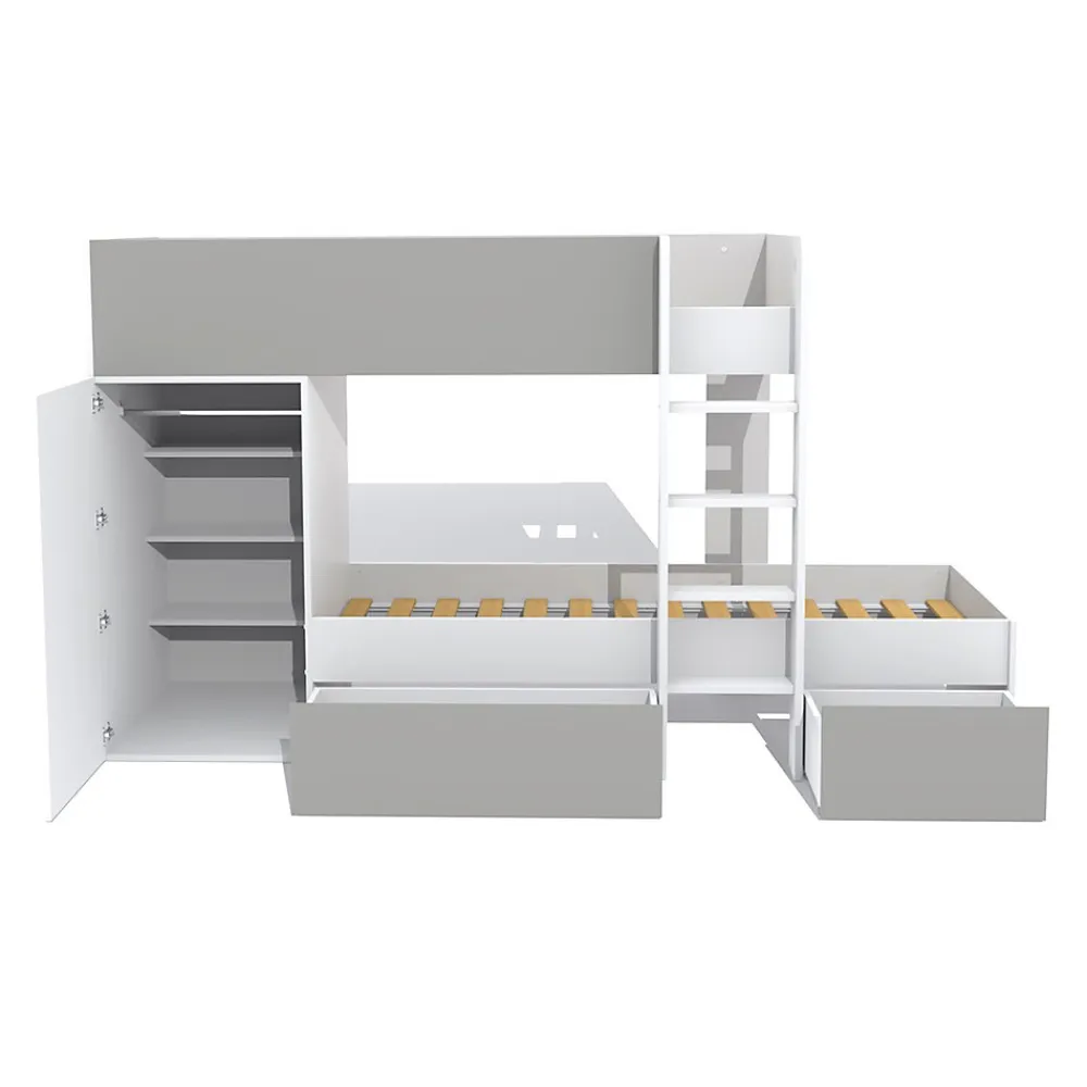 Lit superposé 90x190 avec armoire et tiroirs TWEEL Gris et Blanc incl. 2 sommiers>Bb Loisir Sale