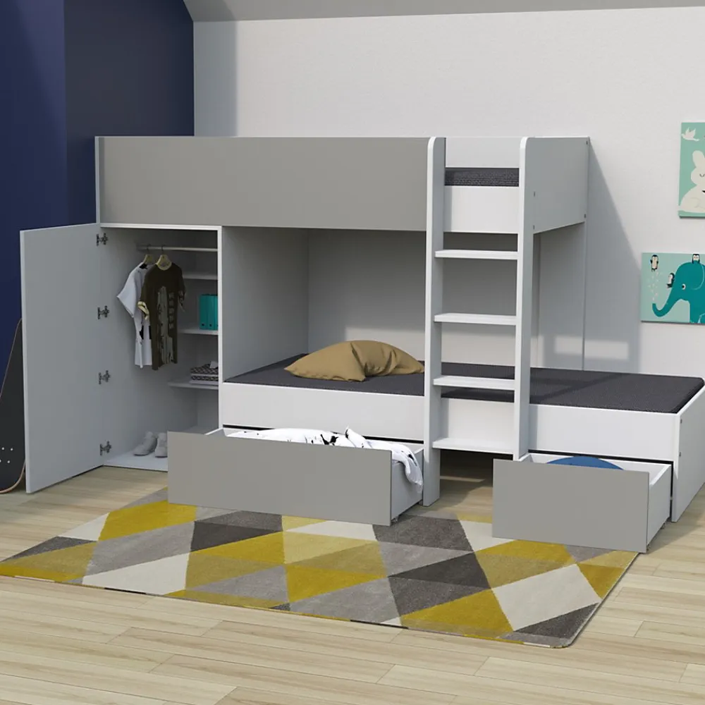 Lit superposé 90x190 avec armoire et tiroirs TWEEL Gris et Blanc incl. 2 sommiers>Bb Loisir Sale
