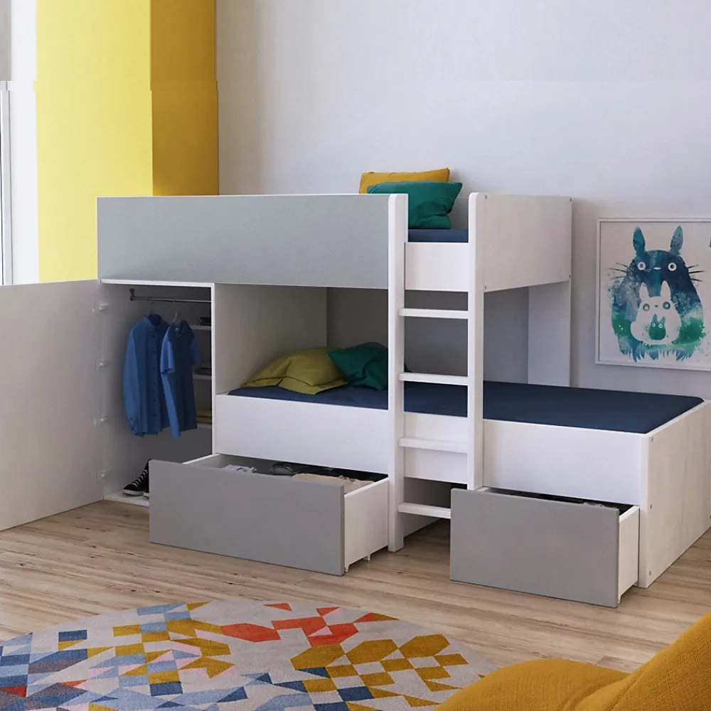 Lit superposé 90x190 avec armoire et tiroirs TWEEL Gris et Blanc incl. 2 sommiers>Bb Loisir Sale