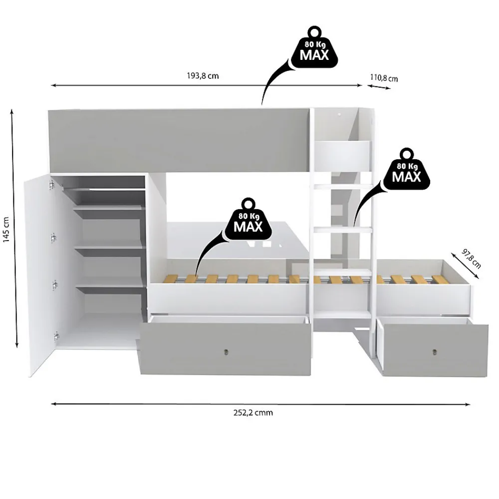 Lit superposé 90x190 avec armoire et tiroirs TWEEL Gris et Blanc incl. 2 sommiers>Bb Loisir Sale