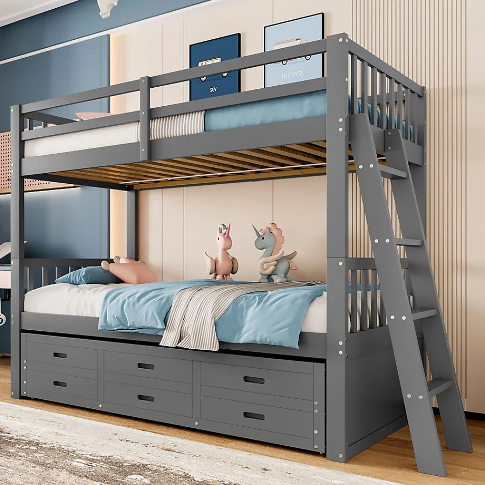 Lit Superposé 90x200 Cm - avec Lit Gigogne et 3 Tiroirs, Sans Matelas - Pin et MDF, Gris>Okwish