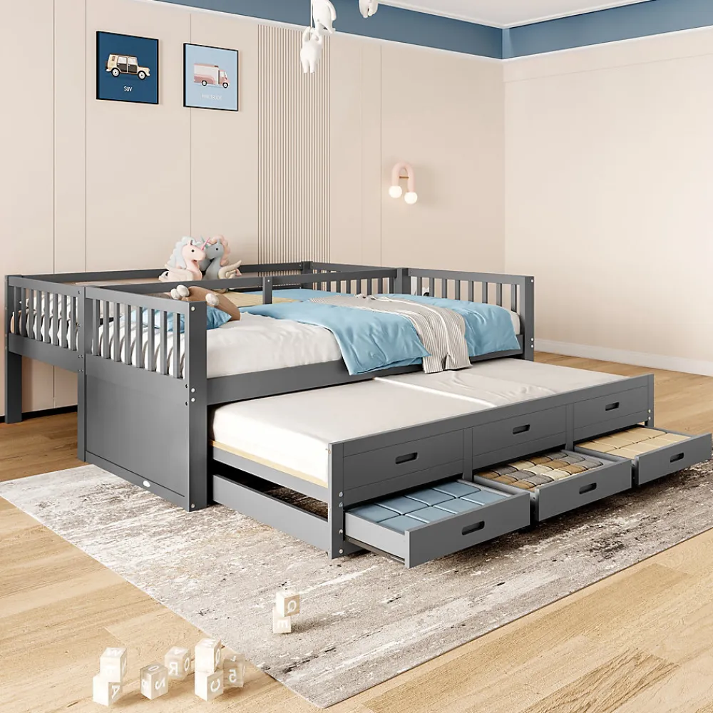 Lit Superposé 90x200 Cm - avec Lit Gigogne et 3 Tiroirs, Sans Matelas - Pin et MDF, Gris>Okwish