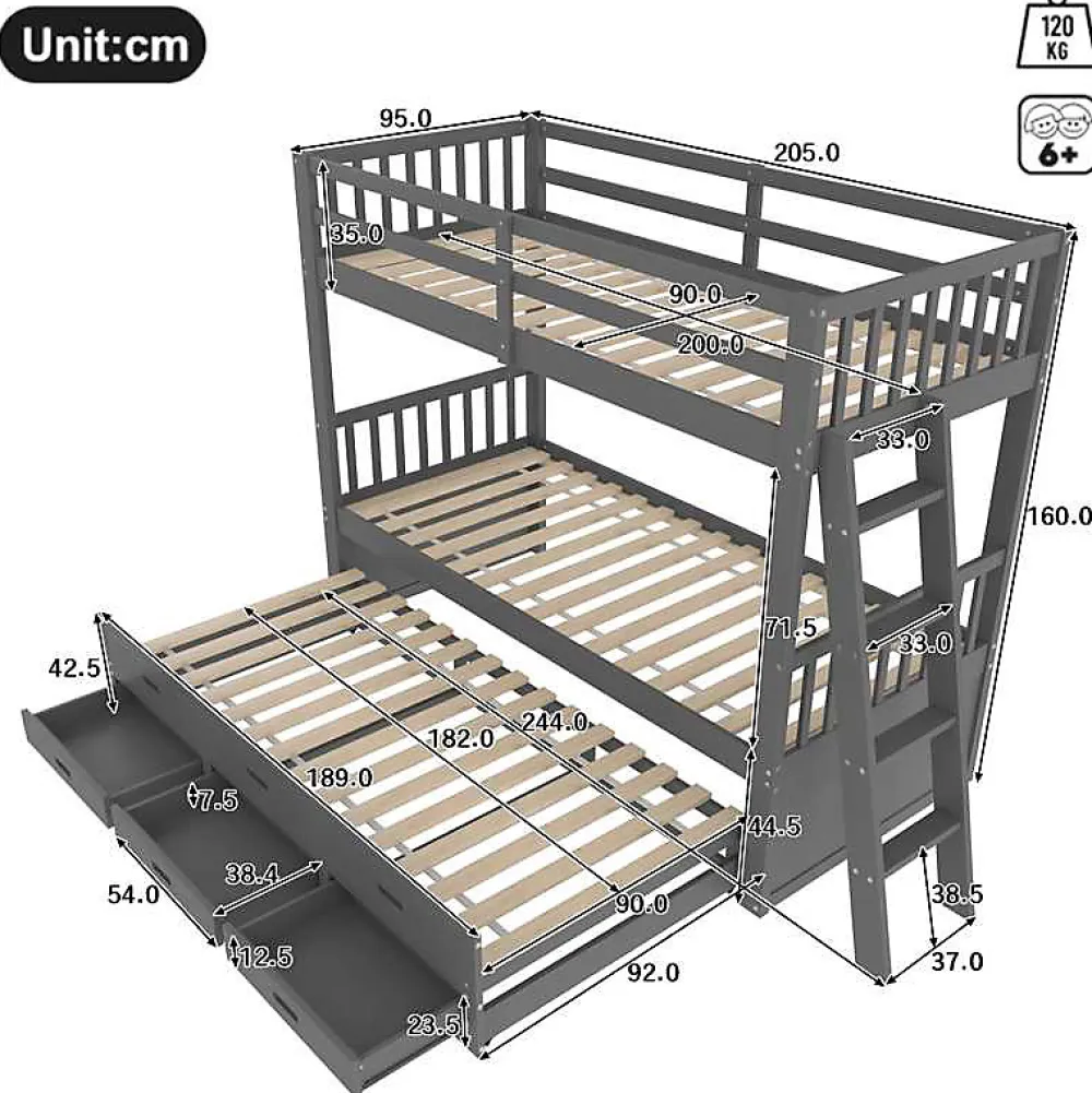Lit Superposé 90x200 Cm - avec Lit Gigogne et 3 Tiroirs, Sans Matelas - Pin et MDF, Gris>Okwish