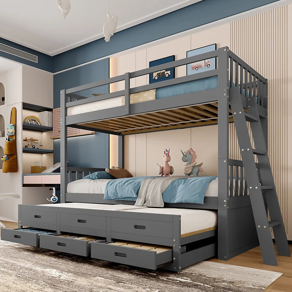 Lit Superposé 90x200 Cm - avec Lit Gigogne et 3 Tiroirs, Sans Matelas - Pin et MDF, Gris>Okwish