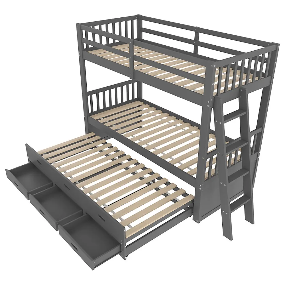 Lit Superposé 90x200 Cm - avec Lit Gigogne et 3 Tiroirs, Sans Matelas - Pin et MDF, Gris>Okwish