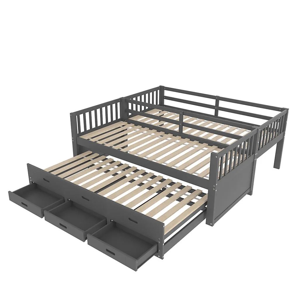 Lit Superposé 90x200 Cm - avec Lit Gigogne et 3 Tiroirs, Sans Matelas - Pin et MDF, Gris>Okwish