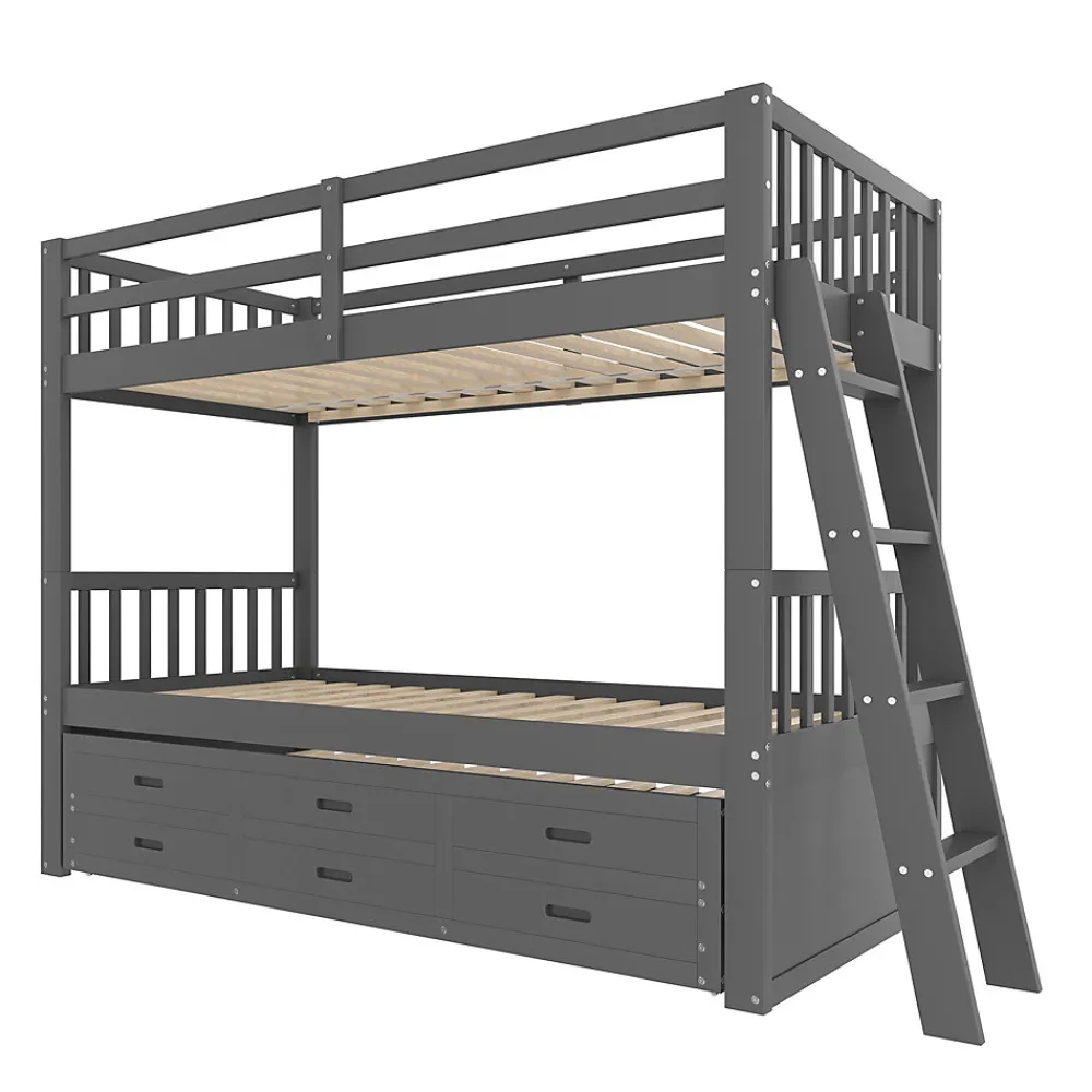 Lit Superposé 90x200 Cm - avec Lit Gigogne et 3 Tiroirs, Sans Matelas - Pin et MDF, Gris>Okwish