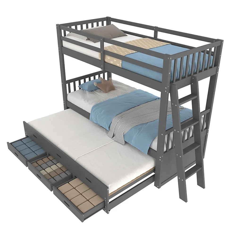 Lit Superposé 90x200 Cm - avec Lit Gigogne et 3 Tiroirs, Sans Matelas - Pin et MDF, Gris>Okwish