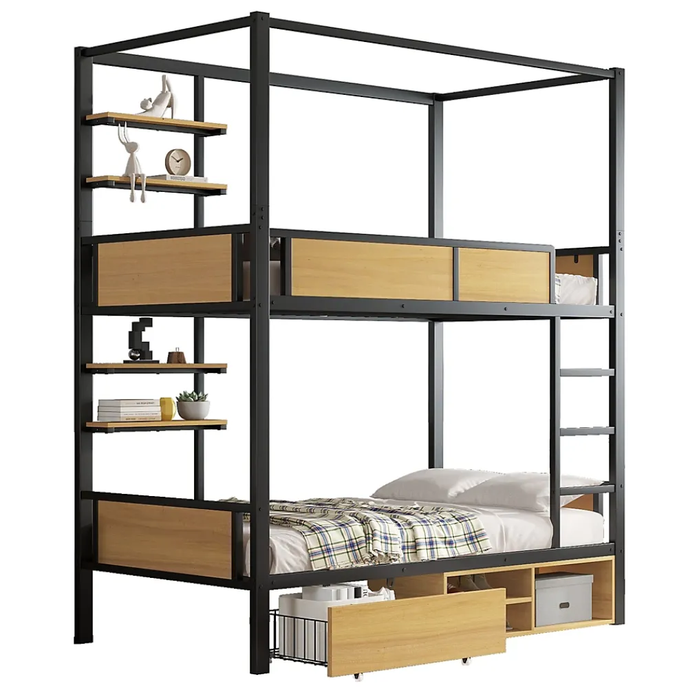 Okwish Lit superposé 90x200 cm - Lit avec échelle large et rangements latéraux - Métal + MDF - Sans matelas - Noir*Enfant Lit Enfant