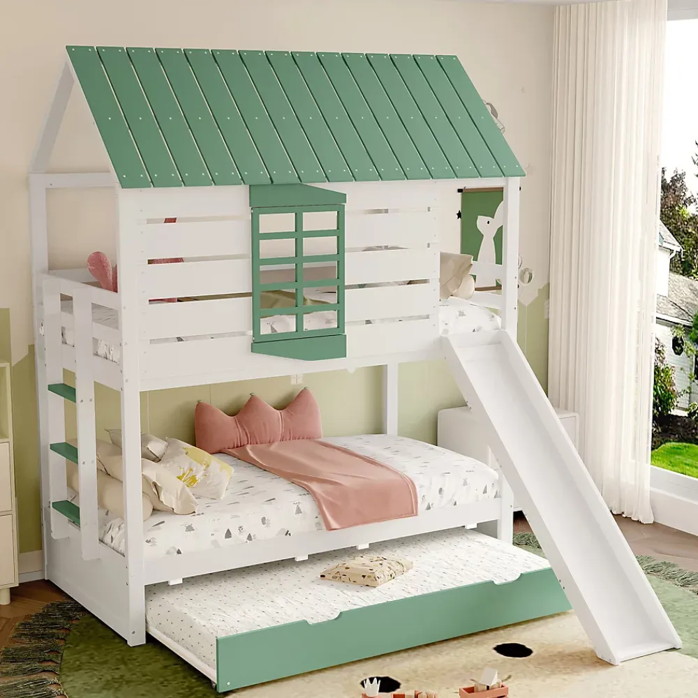 Okwish Lit superposé 90x200 cm - Lit avec Rutsche et lit escamotable - MDF et Pin - Sans matelas - Vert*Enfant Lit Enfant
