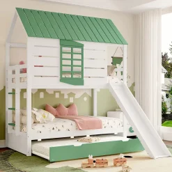 Okwish Lit superposé 90x200 cm - Lit avec Rutsche et lit escamotable - MDF et Pin - Sans matelas - Vert*Enfant Lit Enfant