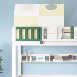 Okwish Lit Superposé 90x200 cm - Lit Cabane enfant avec Petite Tente, Échelle et 2 Tiroirs à Roulettes, Bois de Pin, Blanc, Sans Matelas*Enfant Lit Enfant