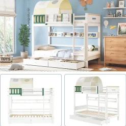 Okwish Lit Superposé 90x200 cm - Lit Cabane enfant avec Petite Tente, Échelle et 2 Tiroirs à Roulettes, Bois de Pin, Blanc, Sans Matelas*Enfant Lit Enfant