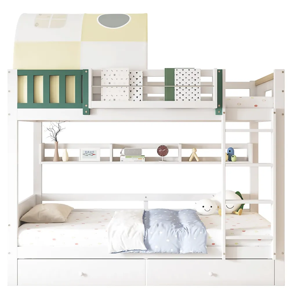 Okwish Lit Superposé 90x200 cm - Lit Cabane enfant avec Petite Tente, Échelle et 2 Tiroirs à Roulettes, Bois de Pin, Blanc, Sans Matelas*Enfant Lit Enfant