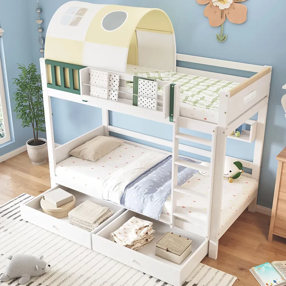 Okwish Lit Superposé 90x200 cm - Lit Cabane enfant avec Petite Tente, Échelle et 2 Tiroirs à Roulettes, Bois de Pin, Blanc, Sans Matelas*Enfant Lit Enfant