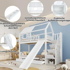 Lit Superposé 90x200 cm - Lit Cabane enfant avec Lit Gigogne, Toboggan et Rangement - Bois Pin, MDF et Contreplaqué - Blanc><noscript><img width=