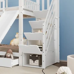 Lit Superposé 90x200 cm - Lit Cabane enfant avec Lit Gigogne, Toboggan et Rangement - Bois Pin, MDF et Contreplaqué - Blanc><noscript><img width=