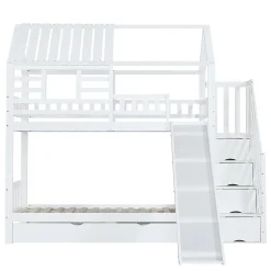 Lit Superposé 90x200 cm - Lit Cabane enfant avec Lit Gigogne, Toboggan et Rangement - Bois Pin, MDF et Contreplaqué - Blanc><noscript><img width=