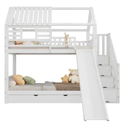 Lit Superposé 90x200 cm - Lit Cabane enfant avec Lit Gigogne, Toboggan et Rangement - Bois Pin, MDF et Contreplaqué - Blanc><noscript><img width=