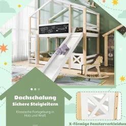 Lit superposé 90x200 cm - Lit cabane enfant avec toboggan et échelle - Bois massif - Sommier extensible - Sans matelas - Blanc><noscript><img width=