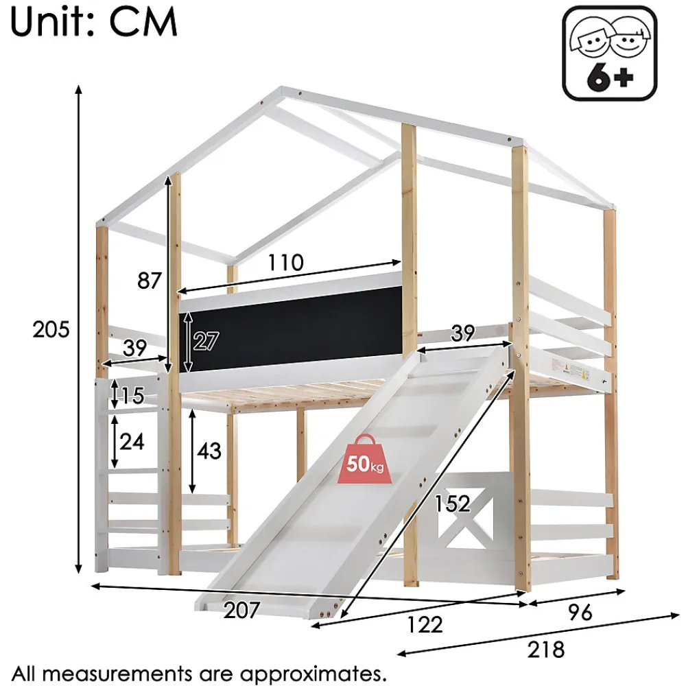 Lit superposé 90x200 cm - Lit cabane enfant avec toboggan et échelle - Bois massif - Sommier extensible - Sans matelas - Blanc>Okwish Best