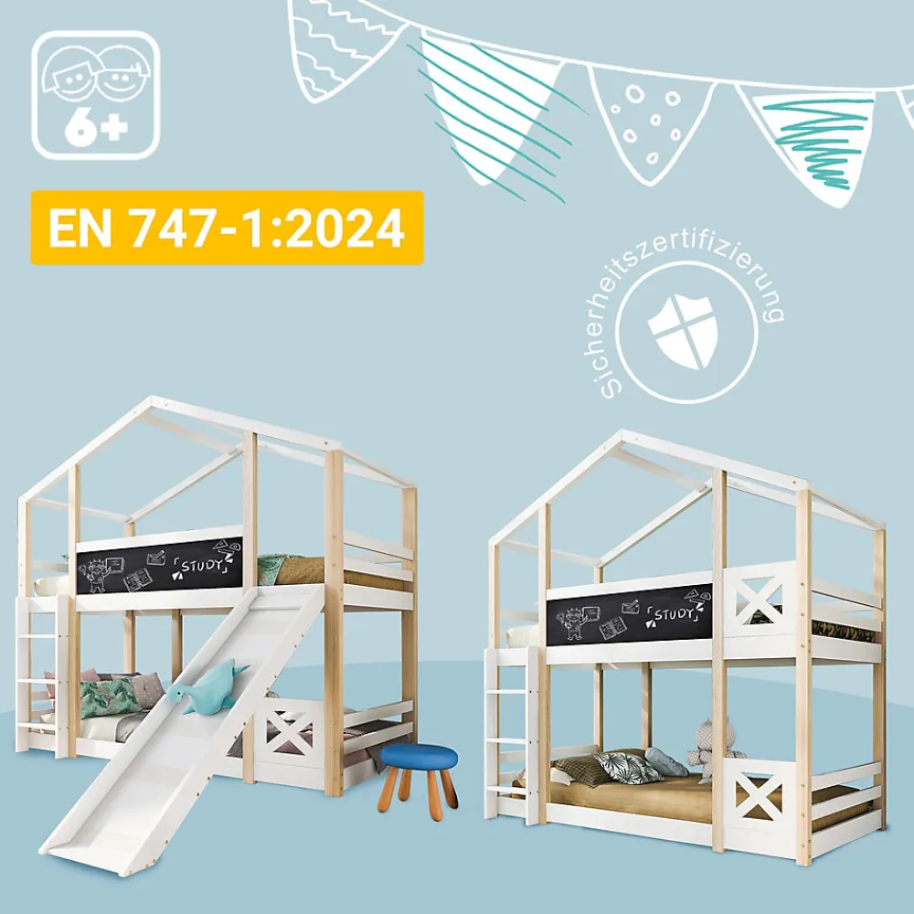 Lit superposé 90x200 cm - Lit cabane enfant avec toboggan et échelle - Bois massif - Sommier extensible - Sans matelas - Blanc>Okwish Best