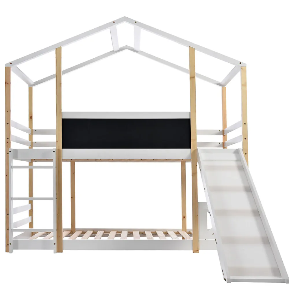 Lit superposé 90x200 cm - Lit cabane enfant avec toboggan et échelle - Bois massif - Sommier extensible - Sans matelas - Blanc>Okwish Best
