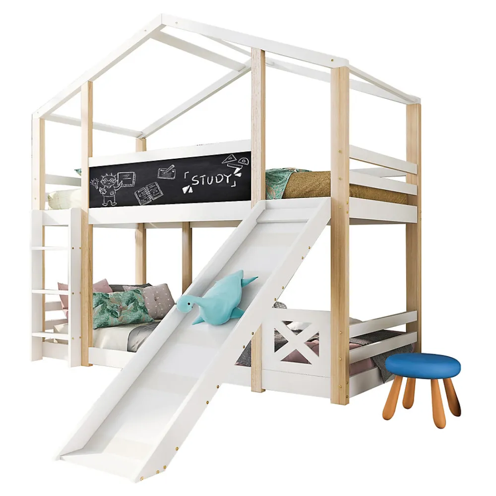 Lit superposé 90x200 cm - Lit cabane enfant avec toboggan et échelle - Bois massif - Sommier extensible - Sans matelas - Blanc>Okwish Best