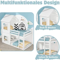 Okwish Lit Superposé 90x200 cm - Lit Cabane enfant avec Échelle et Baldaquin - Bois de Pin - Sans Matelas - Blanc*Enfant Lit Enfant
