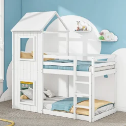 Okwish Lit Superposé 90x200 cm - Lit Cabane enfant avec Échelle et Baldaquin - Bois de Pin - Sans Matelas - Blanc*Enfant Lit Enfant